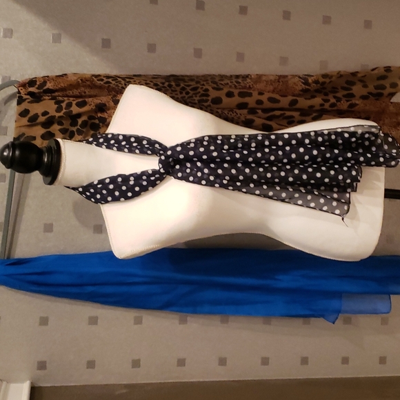 3 bundle Scarf Wrap includrs Leopard Print, Blue Poker Dot, Royal Blue Silk. - Picture 3 of 8